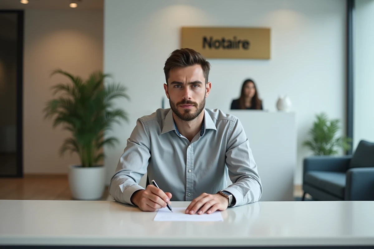 Jeune homme remplissant un formulaire dans la salle d'attente d'une étude notariale avant un rendez-vous gratuit