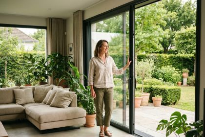 Salon moderne à Saint-Nazaire ouvert sur un jardin verdoyant grâce à de grandes portes coulissantes en verre