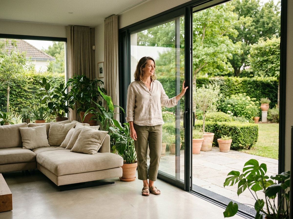 Salon moderne à Saint-Nazaire ouvert sur un jardin verdoyant grâce à de grandes portes coulissantes en verre