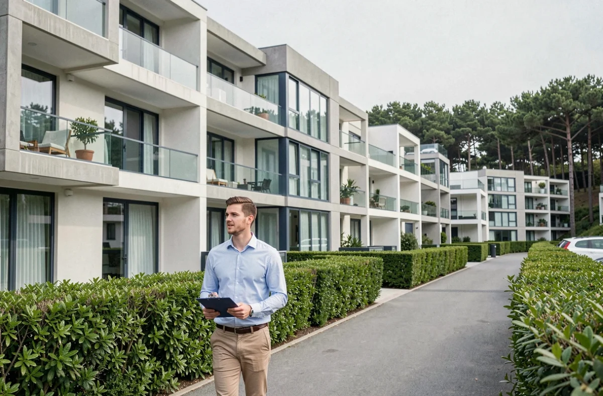 Syndic Sergic à Anglet, chargé de copropriété inspectant une résidence moderne avec balcons vitrés dans un quartier résidentiel d'Anglet
