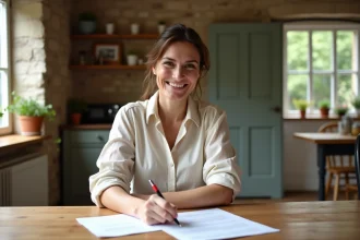 Femme signant un bail de location pour une petite maison avec jardin à louer entre particuliers