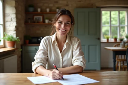 Femme signant un bail de location pour une petite maison avec jardin à louer entre particuliers