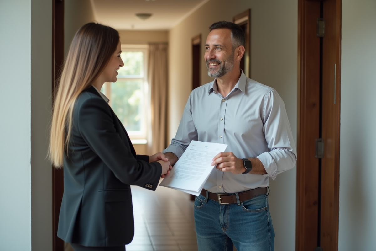 Homme remettant un contrat de location signé à un agent immobilier
