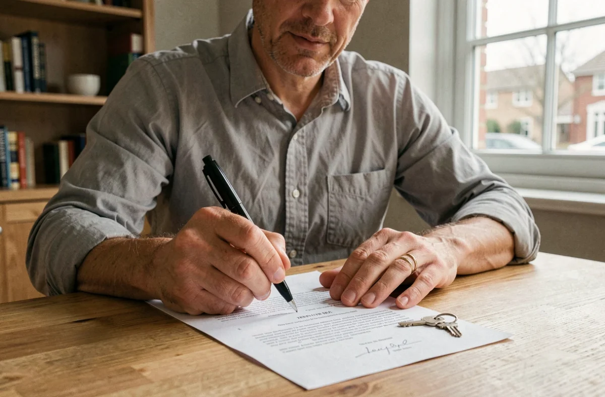 Signature d'un document de remise de clés sur une table en bois dans un appartement