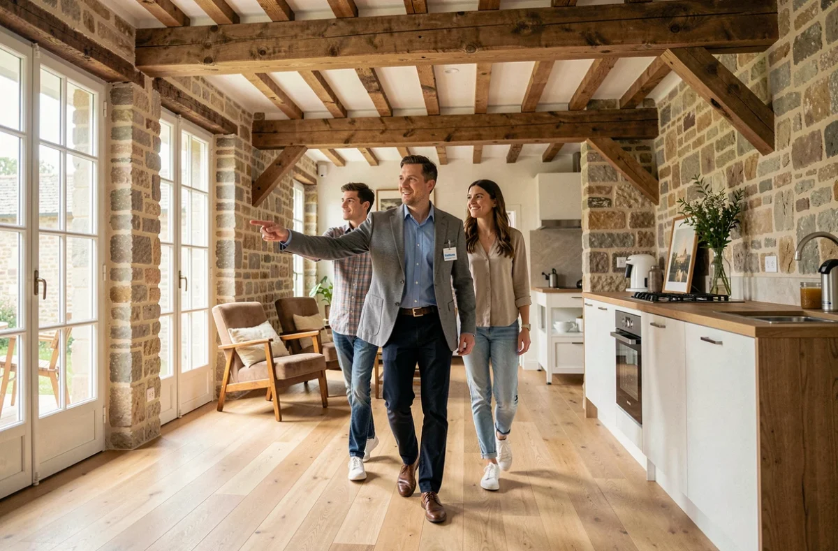 Conseiller Square Habitat faisant visiter un appartement rénové à des clients dans l'Orne