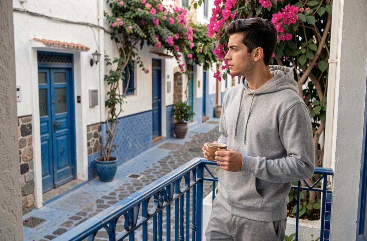 Jeune stagiaire sur le balcon d'un appartement en location mensuelle à Essaouira, avec vue sur une ruelle typique de la médina aux portes bleues