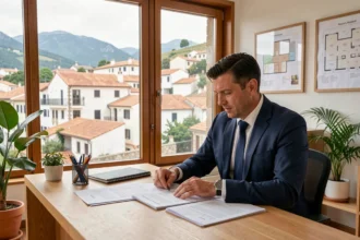 Gestionnaire de copropriété dans les Pyrénées-Atlantiques consultant des documents dans un bureau moderne avec vue sur l'architecture basque