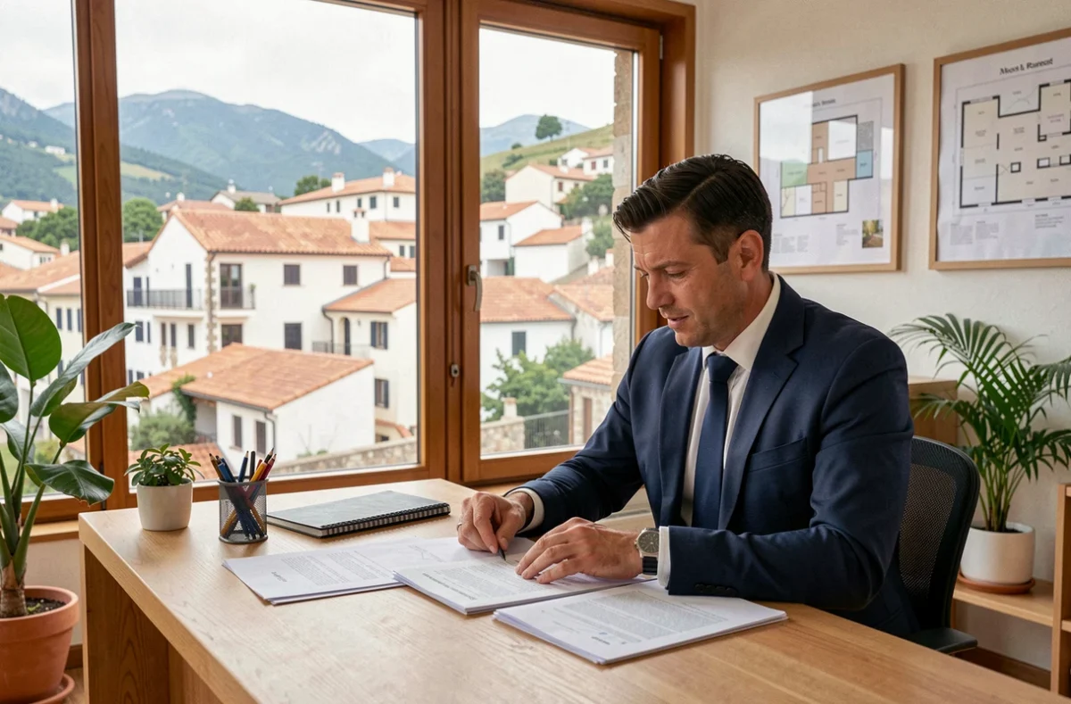 Gestionnaire de copropriété dans les Pyrénées-Atlantiques consultant des documents dans un bureau moderne avec vue sur l'architecture basque