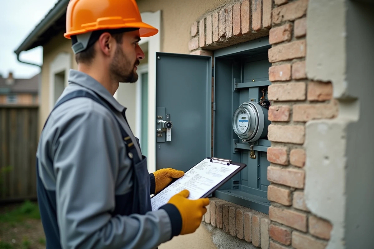 Technicien inspectant un compteur électrique lors d'une reprise de contrat EDF sans interruption de courant