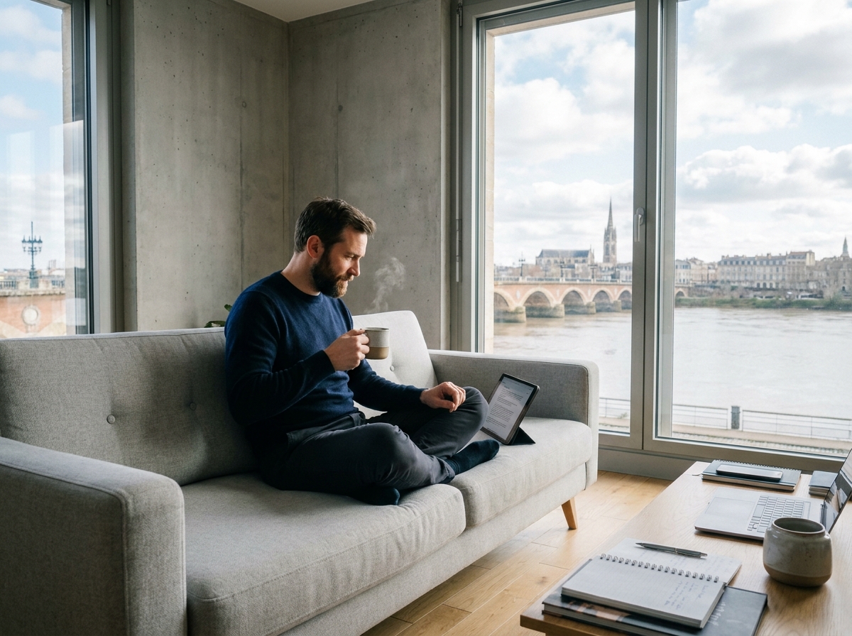 Homme en télétravail dans un appartement moderne avec vue sur la Garonne et le Pont de Pierre à Bordeaux