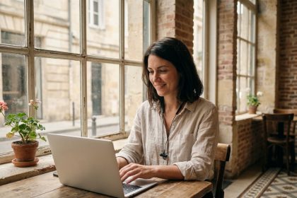 Femme en télétravail dans un café du centre historique de Bordeaux avec vue sur les façades en pierre