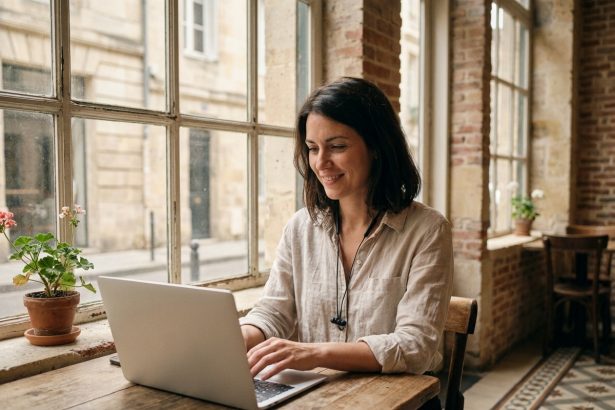 Femme en télétravail dans un café du centre historique de Bordeaux avec vue sur les façades en pierre
