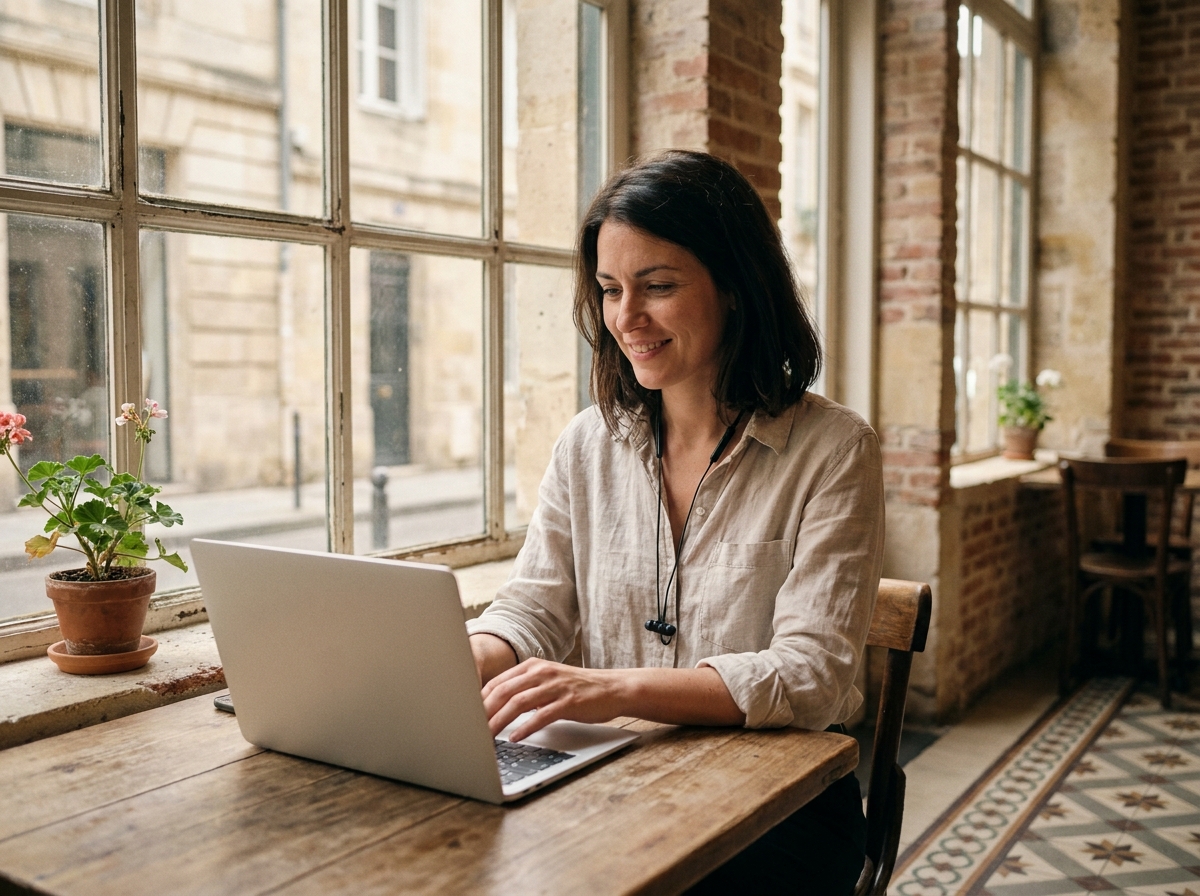 Femme en télétravail dans un café du centre historique de Bordeaux avec vue sur les façades en pierre