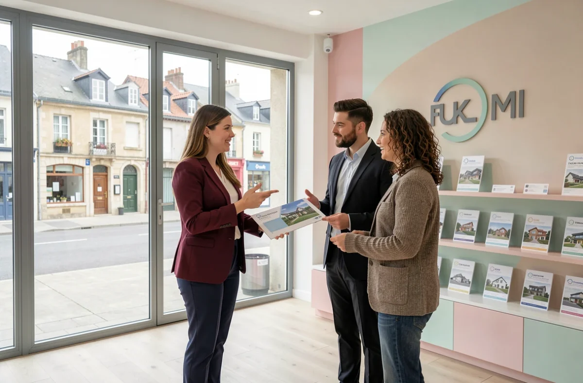 Conseillère de l'agence Tendance Immo présentant des biens immobiliers à des clients dans l'Orne