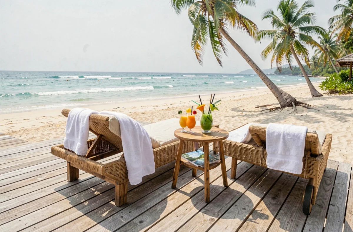 Terrasse en bois d'une propriété de location saisonnière face à la plage de Koh Samui