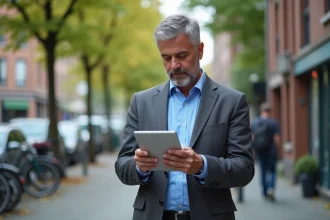 Homme d'âge moyen examinant des cartes urbaines sur une tablette