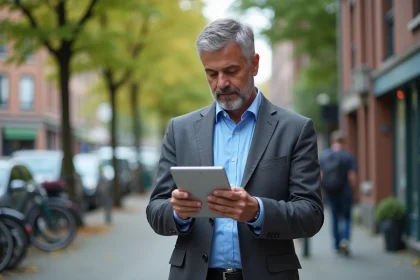 Homme d'âge moyen examinant des cartes urbaines sur une tablette
