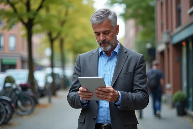 Homme d'âge moyen examinant des cartes urbaines sur une tablette