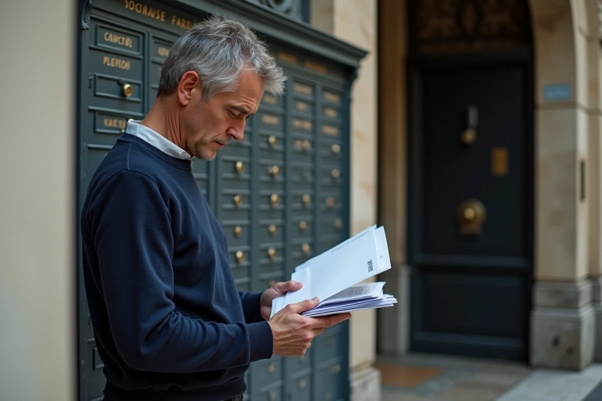 Homme vérifiant l'adresse d'expéditeur sur un courrier officiel devant les boîtes aux lettres d'un immeuble parisien