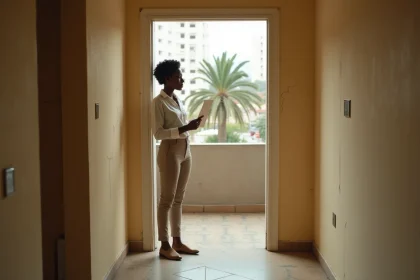 Jeune femme vérifiant un appartement vide à Abidjan avant de signer un contrat de location