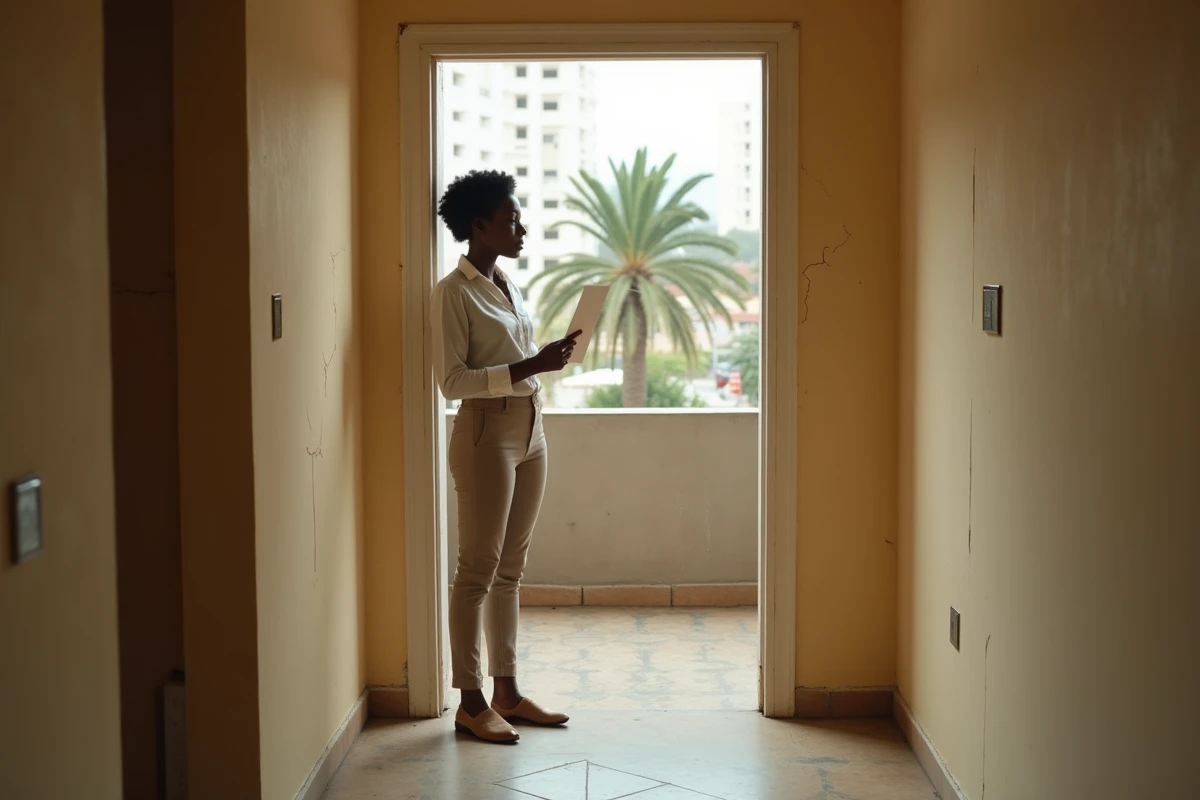 Jeune femme vérifiant un appartement vide à Abidjan avant de signer un contrat de location