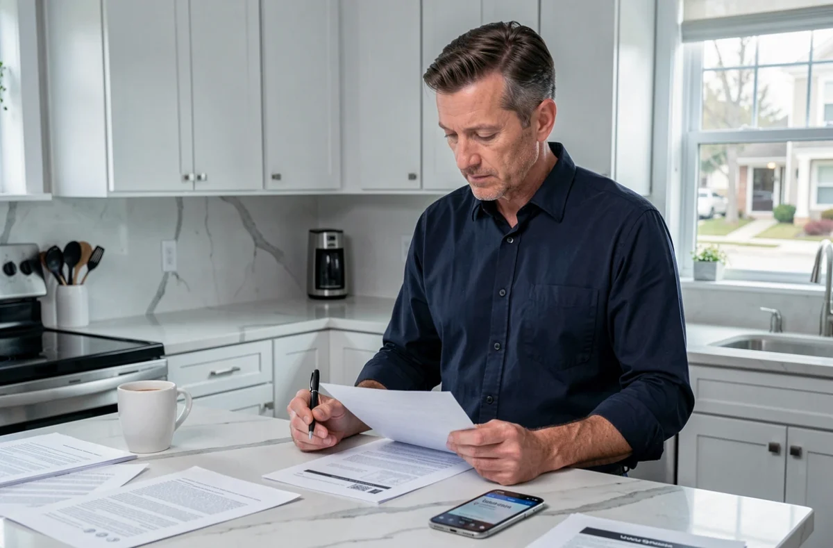 Homme vérifiant une lettre de résiliation d'assurance habitation dans sa cuisine
