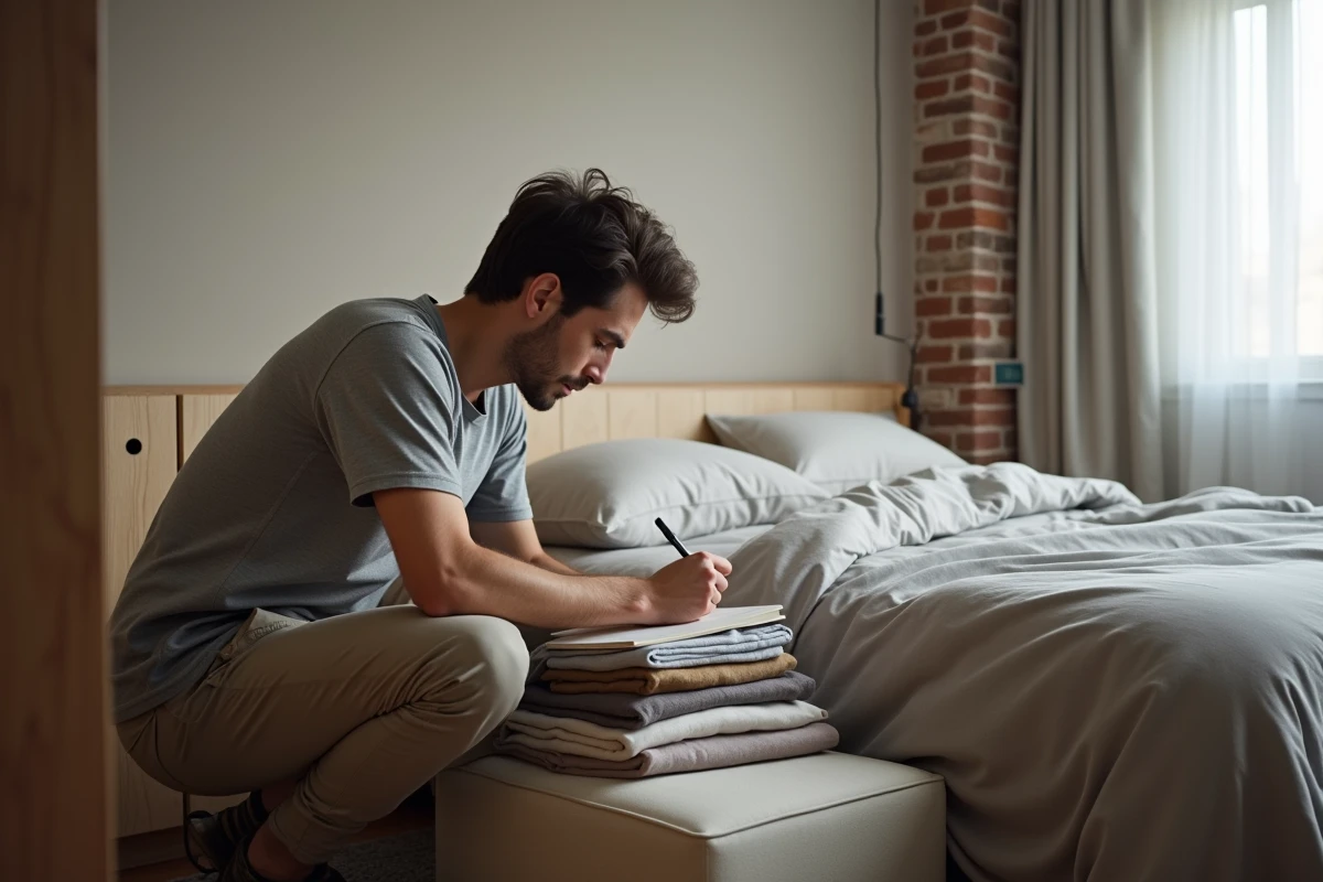 Locataire vérifiant la liste de mobilier dans la chambre d'un appartement T2 meublé avec rangements optimisés