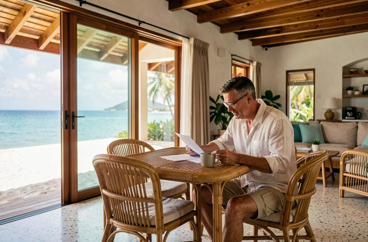 Intérieur d'une villa en bord de mer à Koh Samui avec vue sur plage privée et mer turquoise