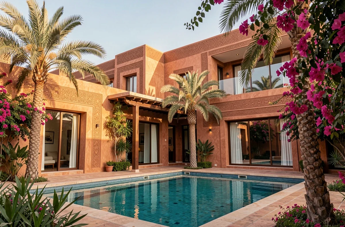 Villa de luxe à vendre à Marrakech avec piscine et jardin de palmiers, architecture marocaine contemporaine