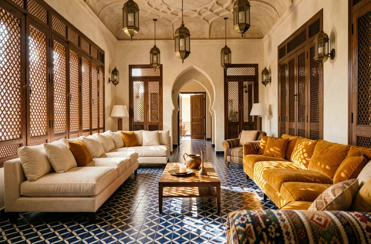 Salon intérieur d'une villa marocaine à Marrakech avec zellige, plafond en stuc sculpté et mobilier traditionnel