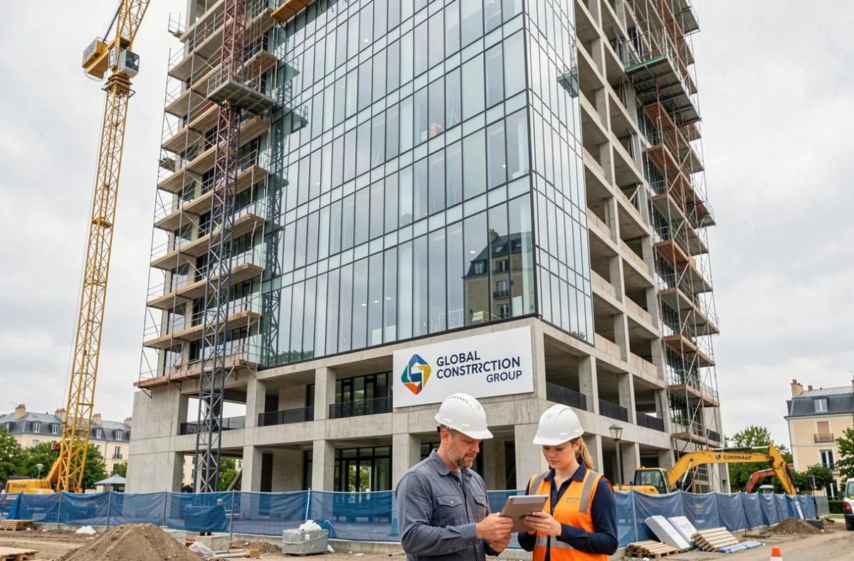 Tour résidentielle en cours de finition avec façade vitrée et ingénieurs sur site, illustrant l'appui du groupe de construction mondial Vinci Immobilier en Île-de-France