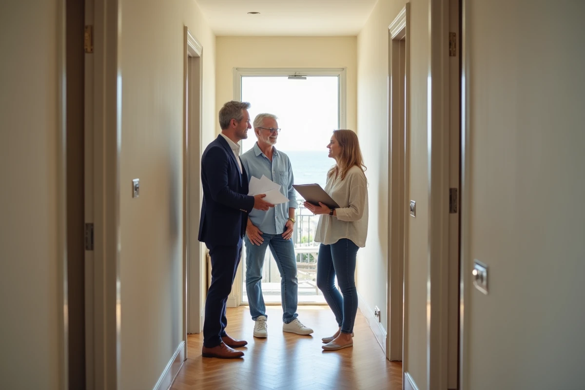 Couple et agent immobilier lors d'une visite d'appartement à louer près de Concarneau