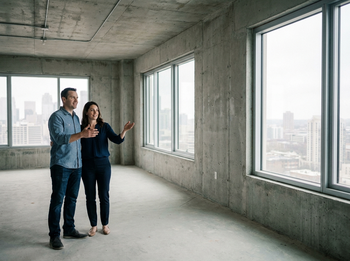 Couple visitant un appartement neuf en construction avant l'achat et la signature notariale