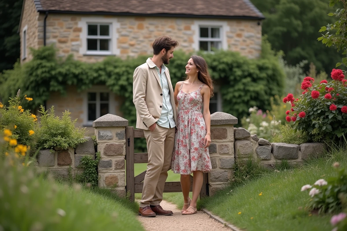 Couple visitant le jardin d'une petite maison à louer entre particuliers avant signature du bail