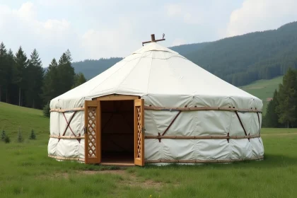 Yourte traditionnelle déjà montée à vendre dans un pré verdoyant en France, structure circulaire complète avec toile blanche et porte en bois