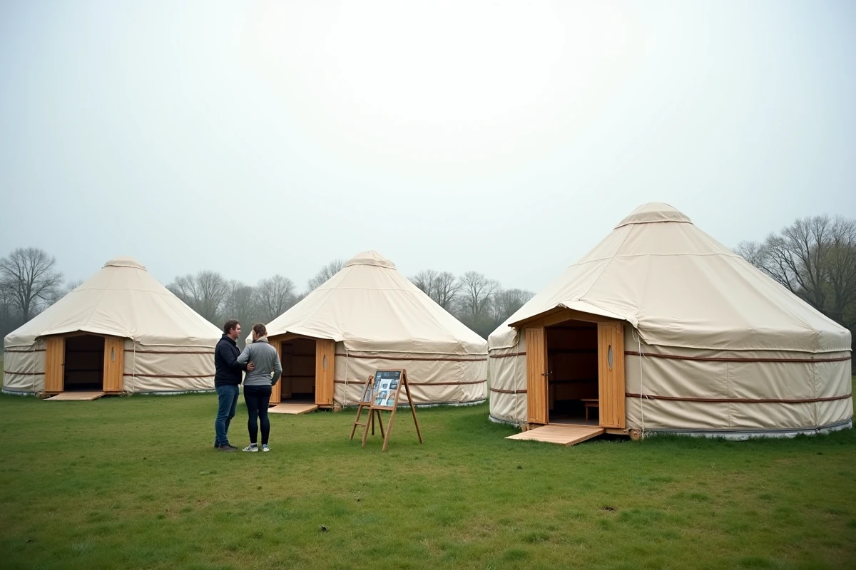 Village de yourtes à vendre exposées lors d'un salon de l'habitat écologique en France, couple visitant les modèles disponibles